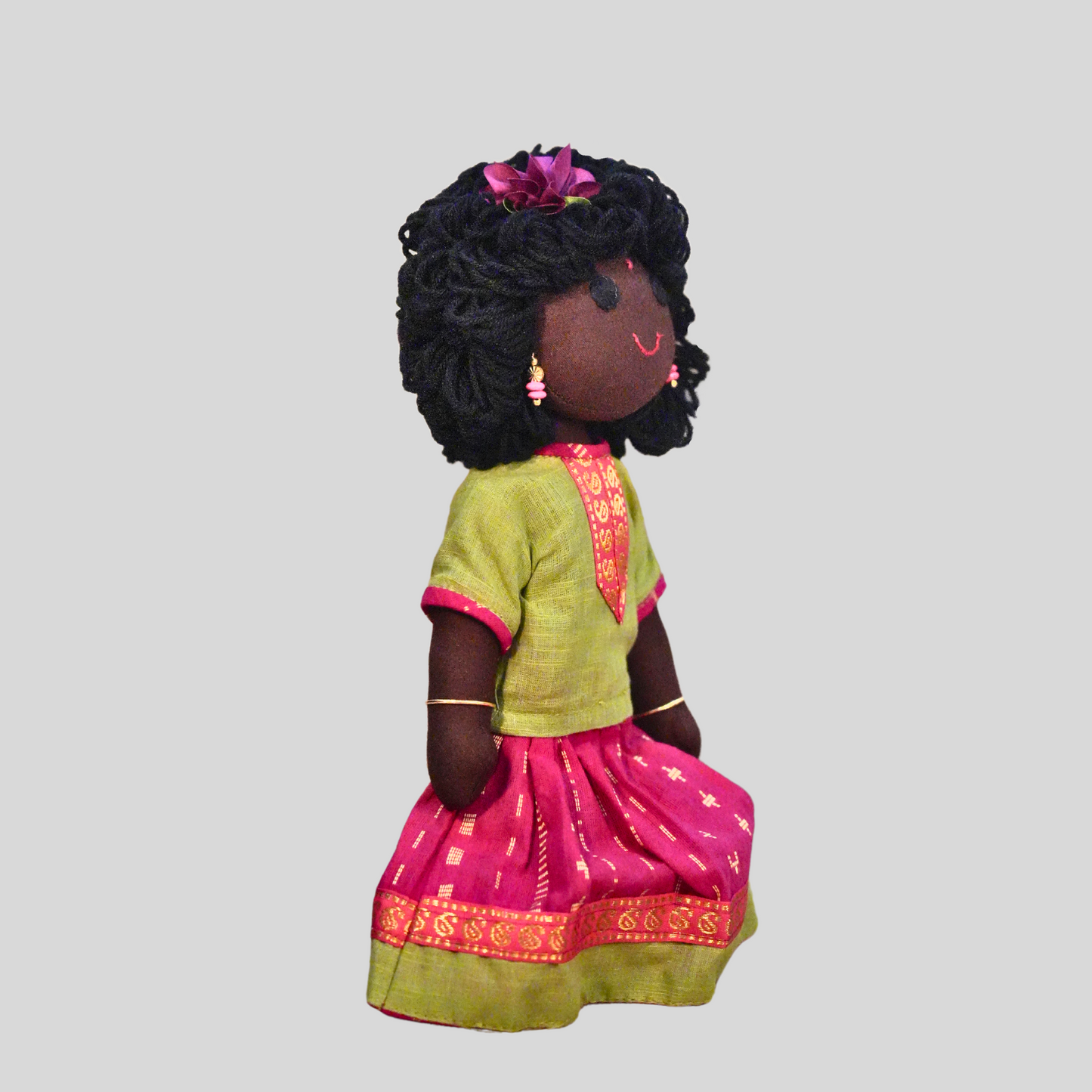 AMMU (Pavadai Sattai)- Curly Hair Handmade Fabric Doll