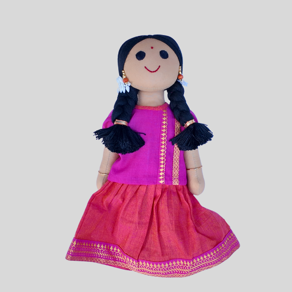 Festive Top and Zari bordered Skirt set (Paavadai Sattai)- Maroon/Magenta top & Deep green/Orange Skirt