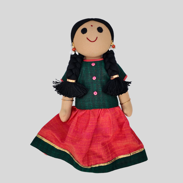 Mirror work Top and Skirt set (Paavadai Sattai) – Deep green/navy Blue top & maroon Skirt