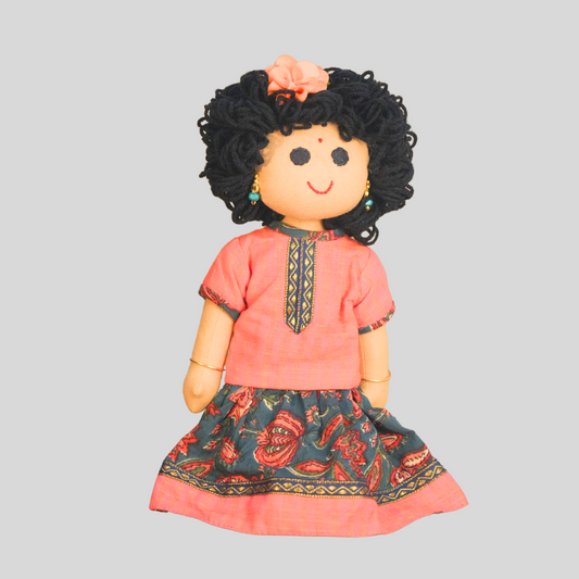 AMMU (Pavadai Sattai)- Curly Hair Handmade Fabric Doll