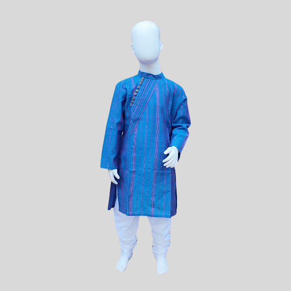 Angled Pleated Placket Kurta Set- Green/ Blue Kurtha with White/ Beige Chudidhar Pant