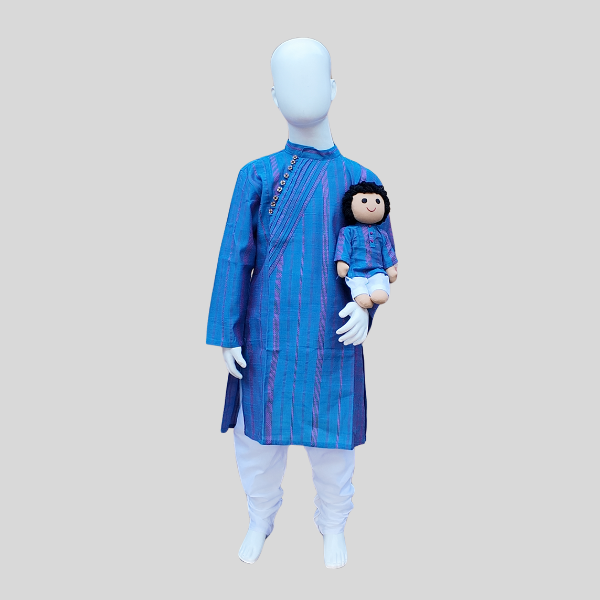 Angled Pleated Placket Kurta Set- Green/ Blue Kurtha with White/ Beige Chudidhar Pant