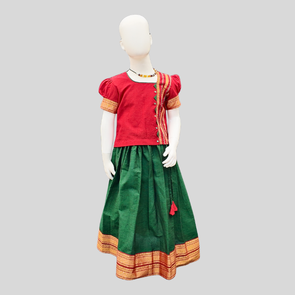 Festive Top and Zari bordered Skirt set (Paavadai Sattai)- Maroon/Magenta top & Deep green/Orange Skirt