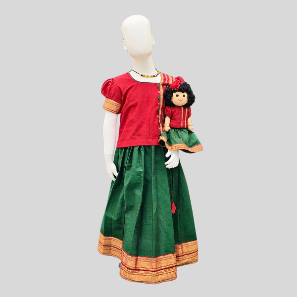 Festive Top and Zari bordered Skirt set (Paavadai Sattai)- Maroon/Magenta top & Deep green/Orange Skirt