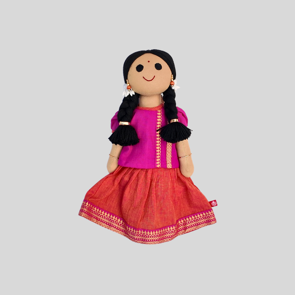 Festive Top and Zari bordered Skirt set (Paavadai Sattai)- Maroon/Magenta top & Deep green/Orange Skirt