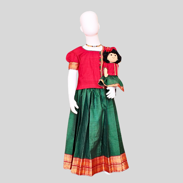 Festive Top and Zari bordered Skirt set (Paavadai Sattai)- Maroon/Magenta top & Deep green/Orange Skirt