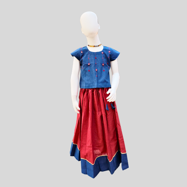Mirror work Top and Skirt set (Paavadai Sattai) – Deep green/navy Blue top & maroon Skirt