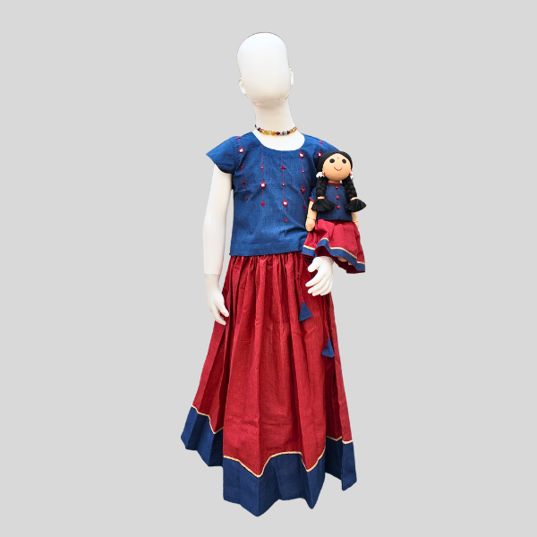Mirror work Top and Skirt set (Paavadai Sattai) – Deep green/navy Blue top & maroon Skirt