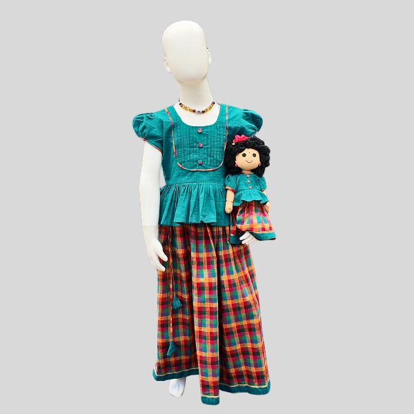 Pleated yoke Peplum Top and Skirt set (Paavadai Sattai) – Teal Blue/ Yellow top & Multi-coloured Skirt