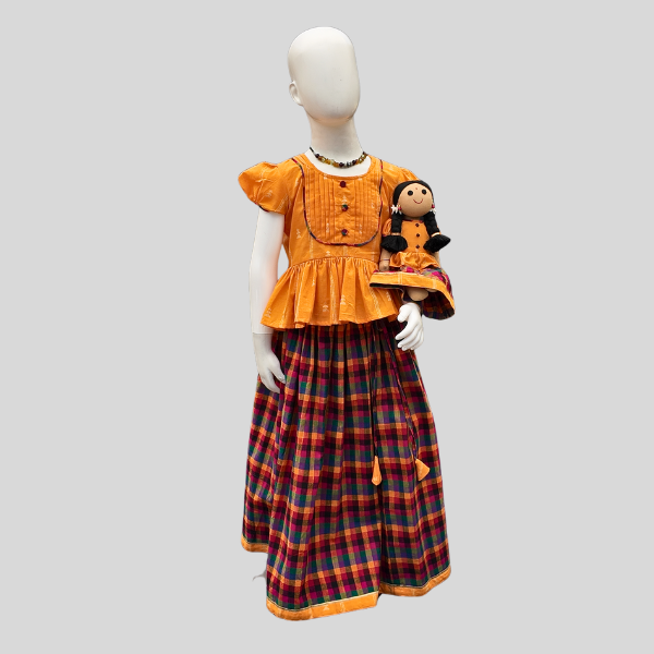 Pleated yoke Peplum Top and Skirt set (Paavadai Sattai) – Teal Blue/ Yellow top & Multi-coloured Skirt