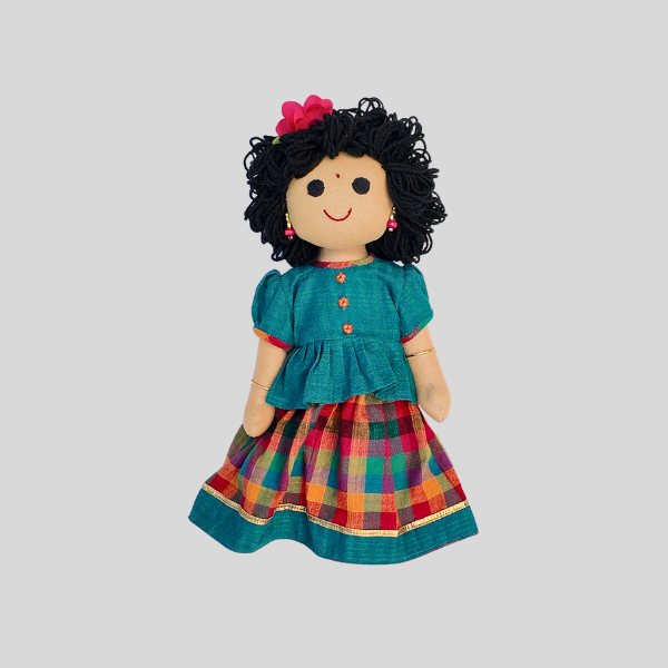 Pleated yoke Peplum Top and Skirt set (Paavadai Sattai) – Teal Blue/ Yellow top & Multi-coloured Skirt