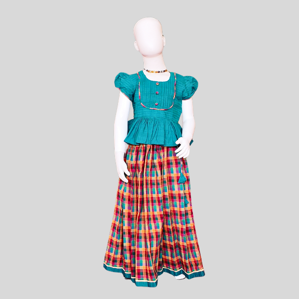 Pleated yoke Peplum Top and Skirt set (Paavadai Sattai) – Teal Blue/ Yellow top & Multi-coloured Skirt