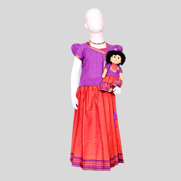 Twisted Pin-Tuck Angarkha Top and Skirt set (Paavadai Sattai)- Violet top & Mint green/orange skirt