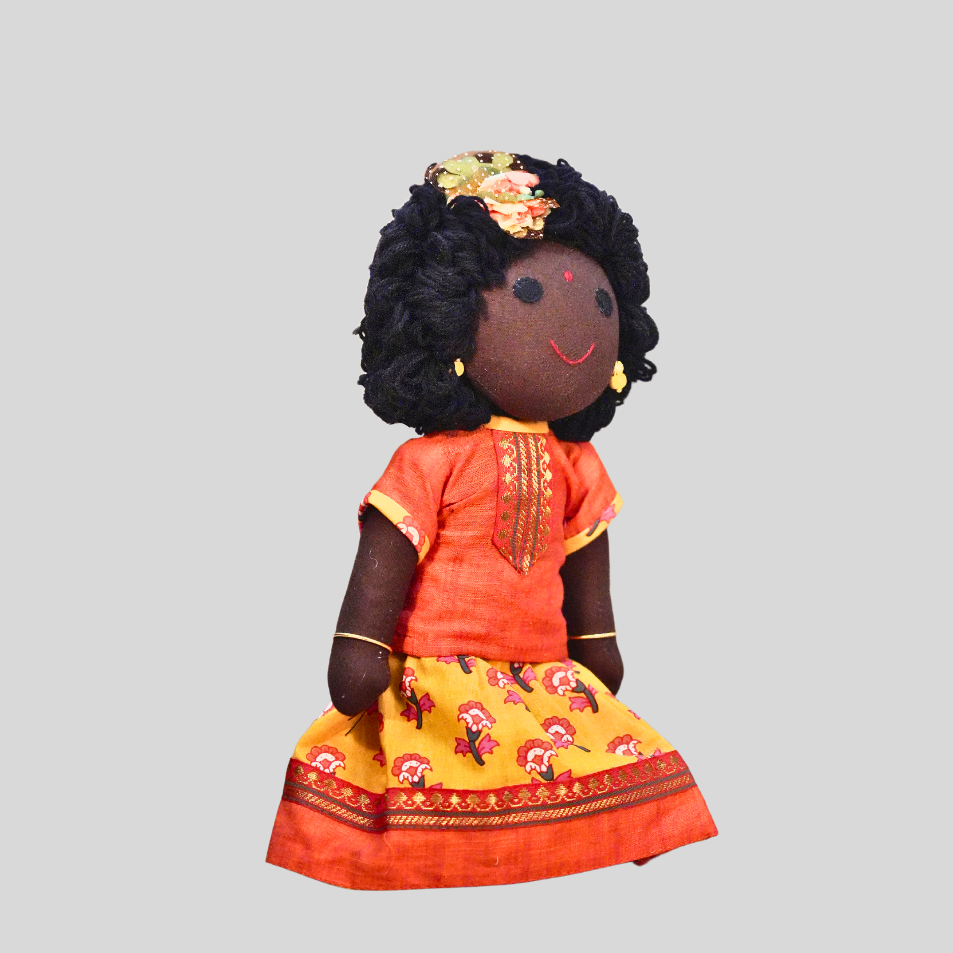 AMMU (Pavadai Sattai)- Curly Hair Handmade Fabric Doll