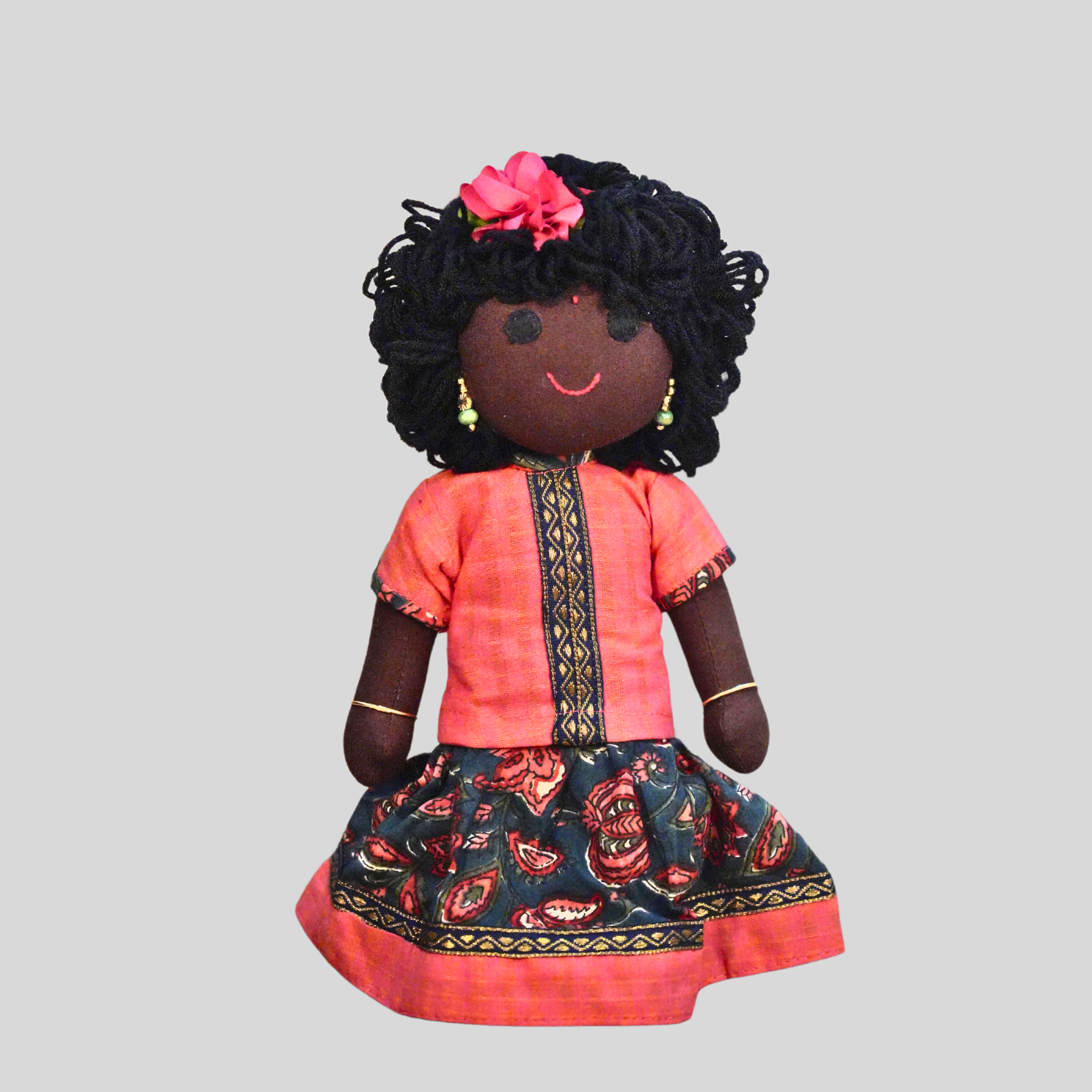 AMMU (Pavadai Sattai)- Curly Hair Handmade Fabric Doll