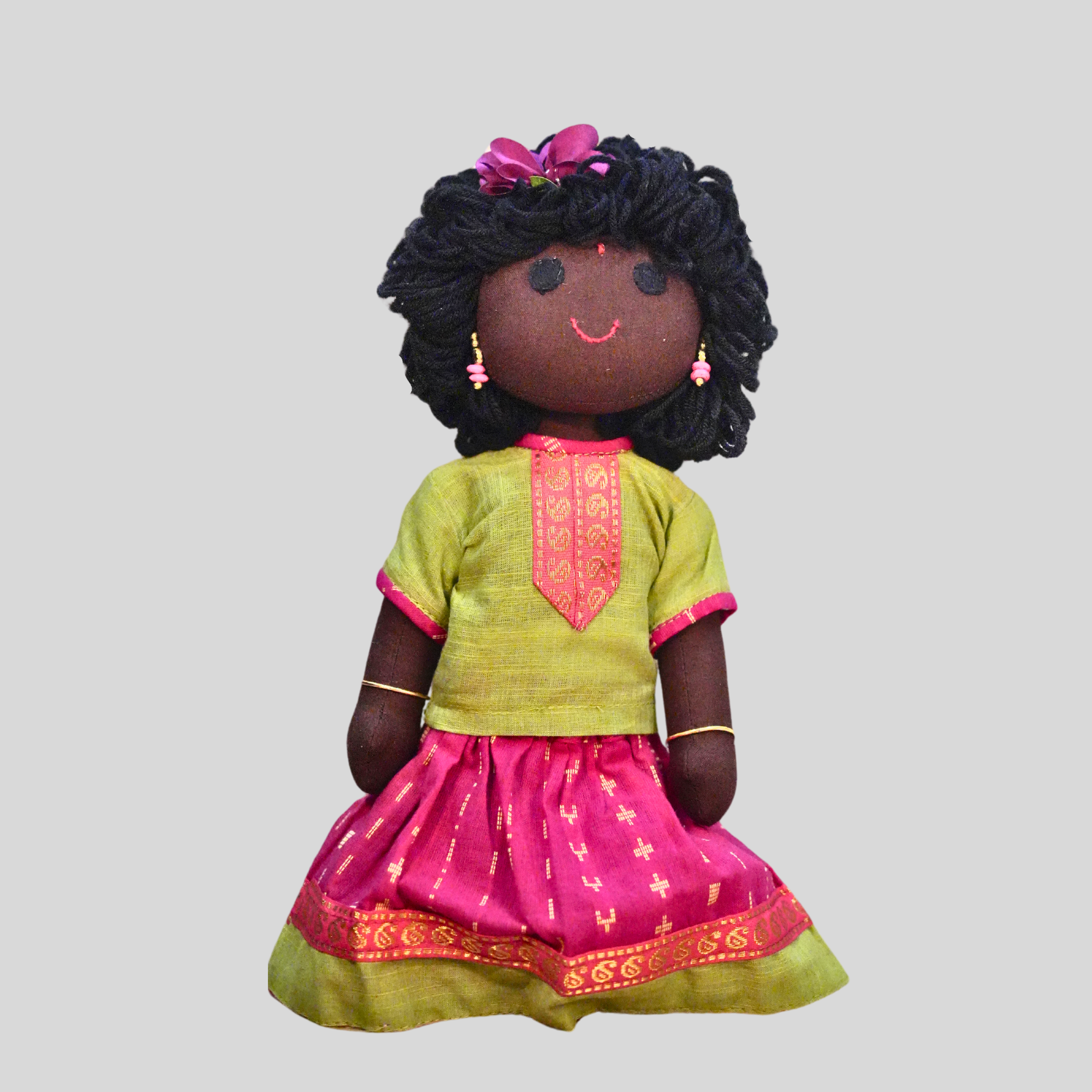 AMMU (Pavadai Sattai)- Curly Hair Handmade Fabric Doll