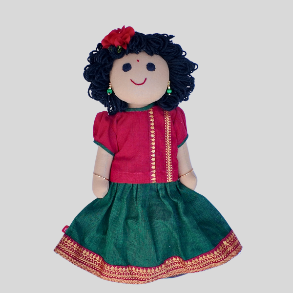 Festive Top and Zari bordered Skirt set (Paavadai Sattai)- Maroon/Magenta top & Deep green/Orange Skirt