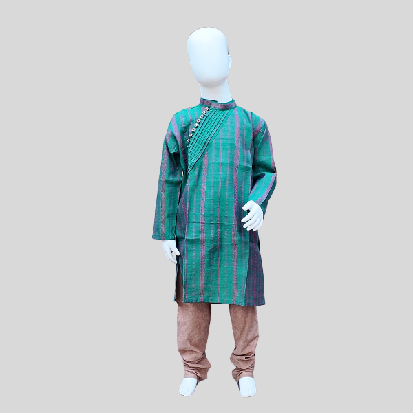 Angled Pleated Placket Kurta Set- Green/ Blue Kurtha with White/ Beige Chudidhar Pant