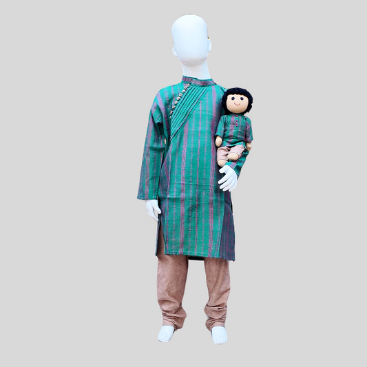 Angled Pleated Placket Kurta Set- Green/ Blue Kurtha with White/ Beige Chudidhar Pant