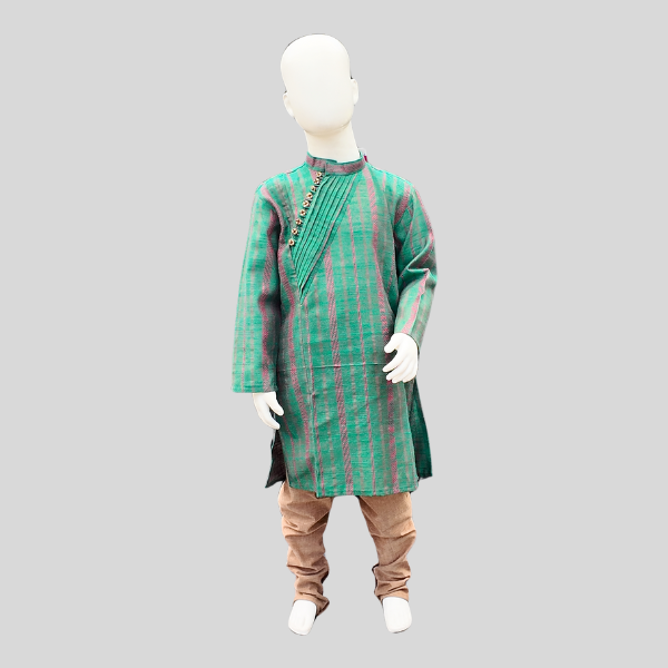 Angled Pleated Placket Kurta Set- Green/ Blue Kurtha with White/ Beige Chudidhar Pant