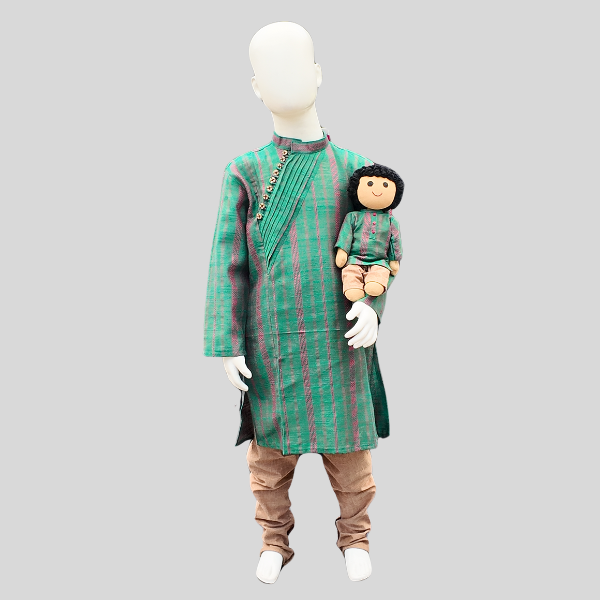 Angled Pleated Placket Kurta Set- Green/ Blue Kurtha with White/ Beige Chudidhar Pant