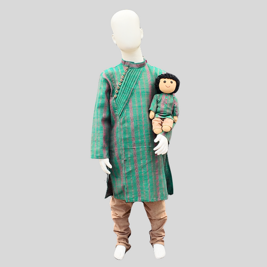 Angled Pleated Placket Kurta Set- Green/ Blue Kurtha with White/ Beige Chudidhar Pant