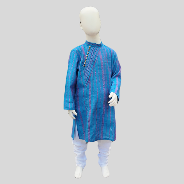 Angled Pleated Placket Kurta Set- Green/ Blue Kurtha with White/ Beige Chudidhar Pant