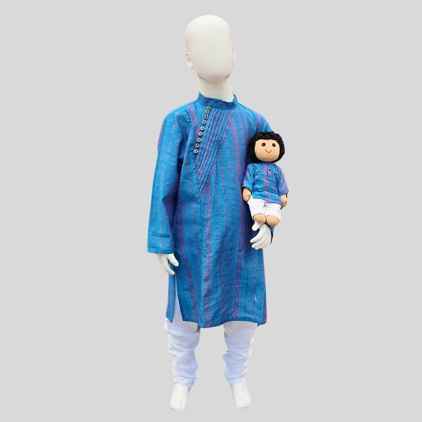 Angled Pleated Placket Kurta Set- Green/ Blue Kurtha with White/ Beige Chudidhar Pant