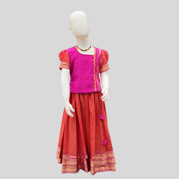 Festive Top and Zari bordered Skirt set (Paavadai Sattai)- Maroon/Magenta top & Deep green/Orange Skirt