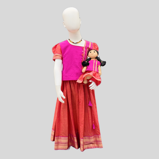 Festive Top and Zari bordered Skirt set (Paavadai Sattai)- Maroon/Magenta top & Deep green/Orange Skirt