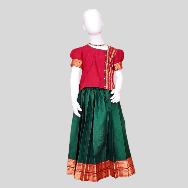 Festive Top and Zari bordered Skirt set (Paavadai Sattai)- Maroon/Magenta top & Deep green/Orange Skirt