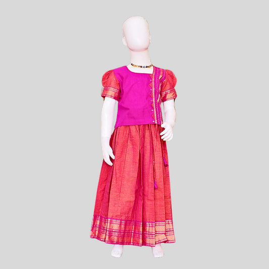 Festive Top and Zari bordered Skirt set (Paavadai Sattai)- Maroon/Magenta top & Deep green/Orange Skirt
