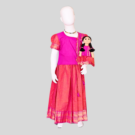 Festive Top and Zari bordered Skirt set (Paavadai Sattai)- Maroon/Magenta top & Deep green/Orange Skirt