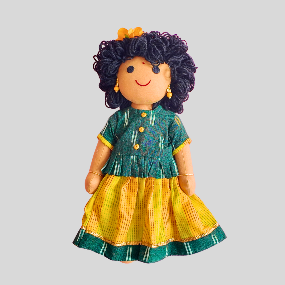 GREEN AND YELLOW PAAVADAI SATTAI (TOP+SKIRT+DOLL)