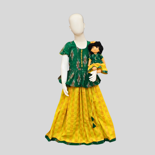 GREEN AND YELLOW PAAVADAI SATTAI (TOP+SKIRT+DOLL)