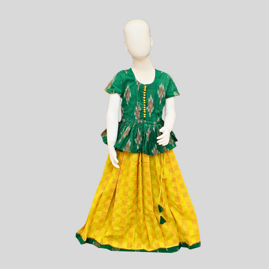 GREEN AND YELLOW PAAVADAI SATTAI (TOP+SKIRT+DOLL)