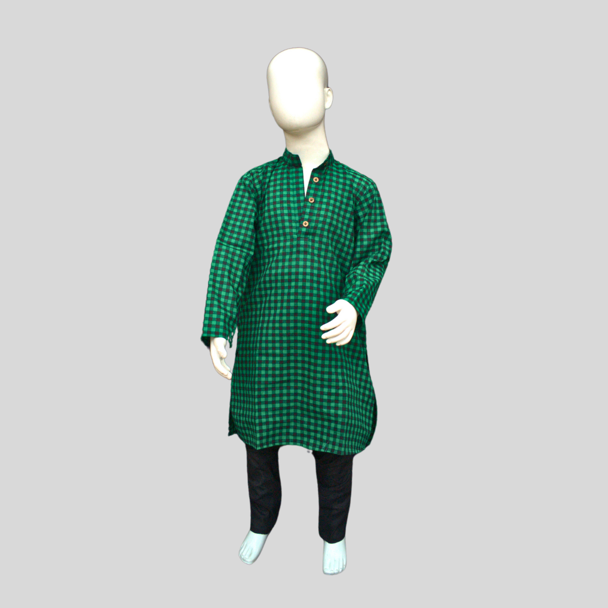 GREEN AND BLACK CHEQUERED COTTON KURTA SET (KURTA + PANT+ DOLL)