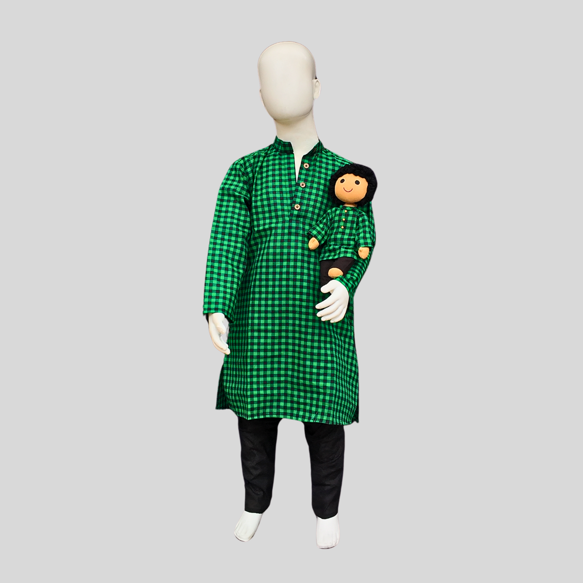 GREEN AND BLACK CHEQUERED COTTON KURTA SET (KURTA + PANT+ DOLL)