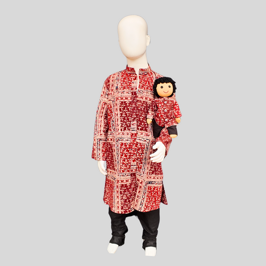 KALAMKARI FULL FRONT OPEN KURTA SET (KURTA + PANT+ DOLL)