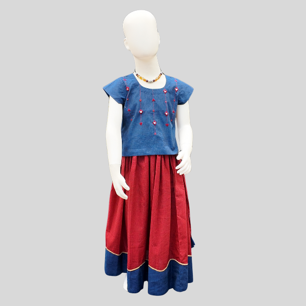 Mirror work Top and Skirt set (Paavadai Sattai) – Deep green/navy Blue top & maroon Skirt