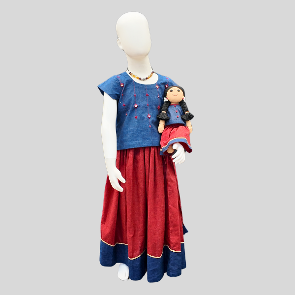 Mirror work Top and Skirt set (Paavadai Sattai) – Deep green/navy Blue top & maroon Skirt