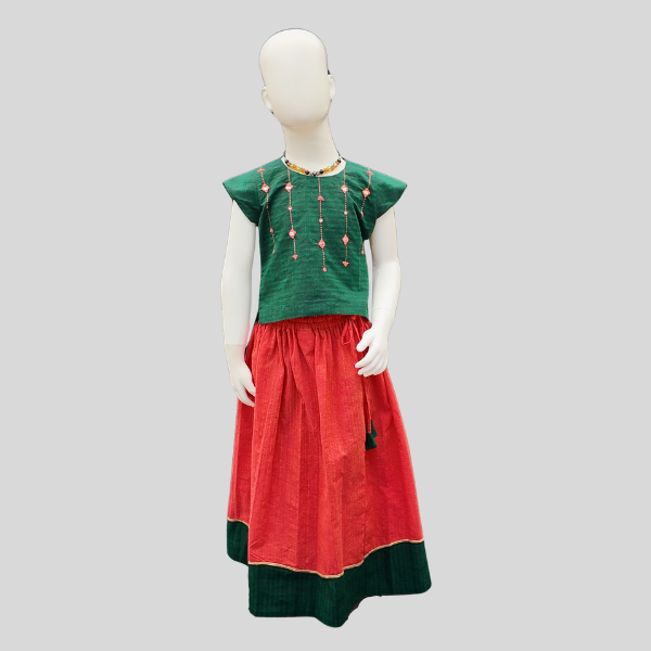Mirror work Top and Skirt set (Paavadai Sattai) – Deep green/navy Blue top & maroon Skirt