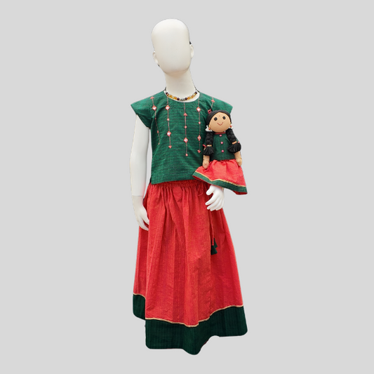 Mirror work Top and Skirt set (Paavadai Sattai) – Deep green/navy Blue top & maroon Skirt