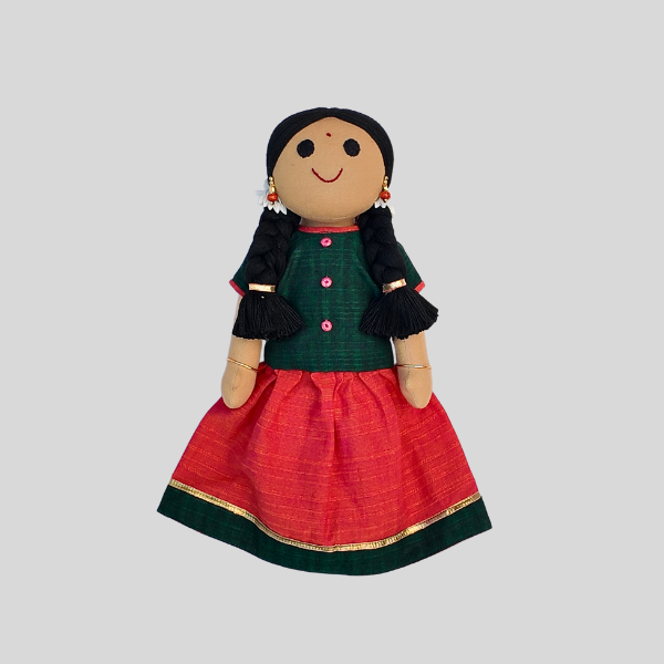 Mirror work Top and Skirt set (Paavadai Sattai) – Deep green/navy Blue top & maroon Skirt