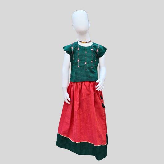 Mirror work Top and Skirt set (Paavadai Sattai) – Deep green/navy Blue top & maroon Skirt