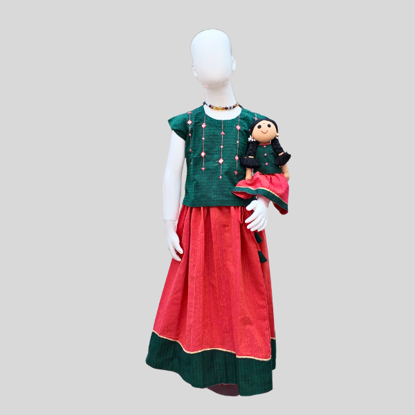 Mirror work Top and Skirt set (Paavadai Sattai) – Deep green/navy Blue top & maroon Skirt