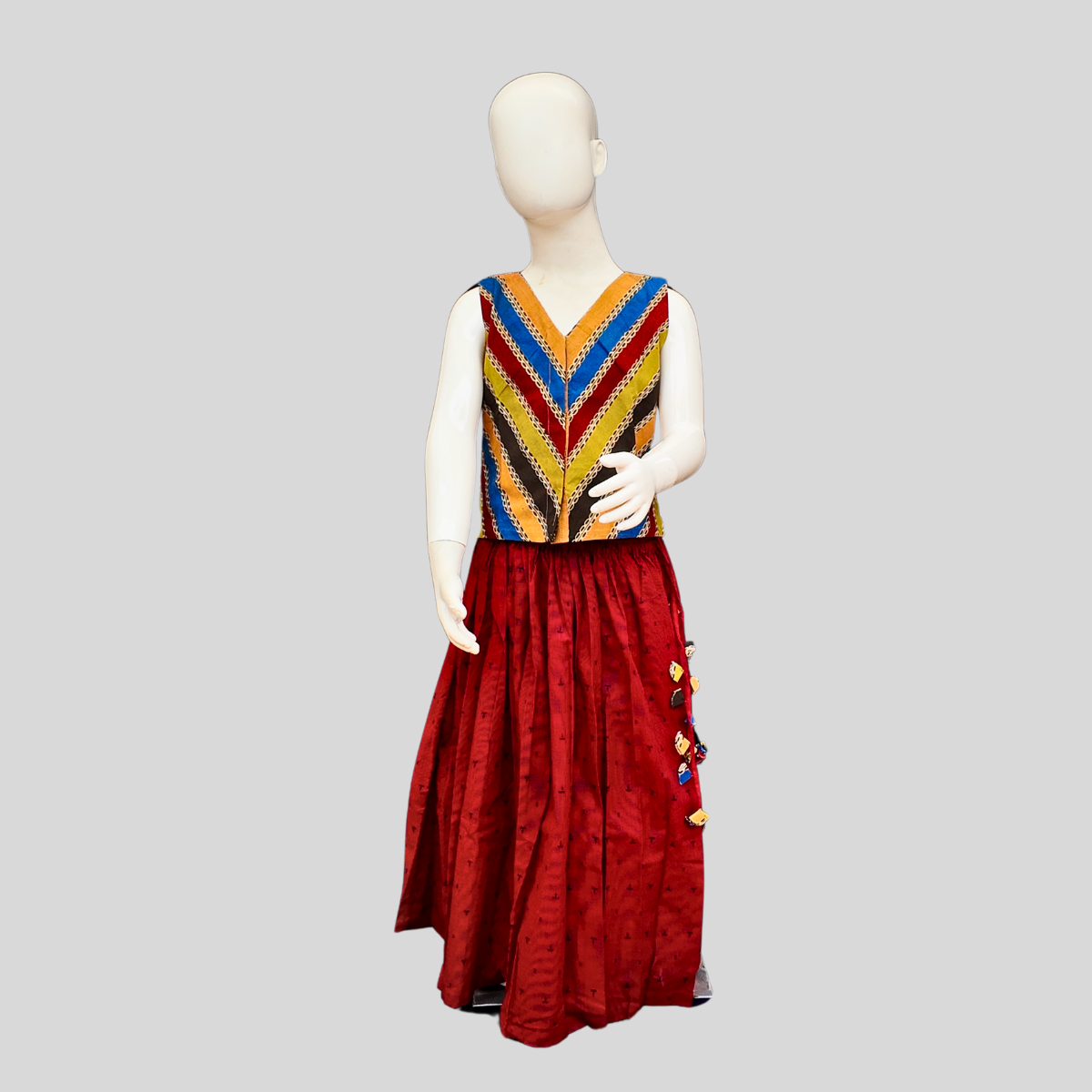 MAROON AND KALAMKARI PAAVADAI SATTAI (TOP+SKIRT+DOLL)