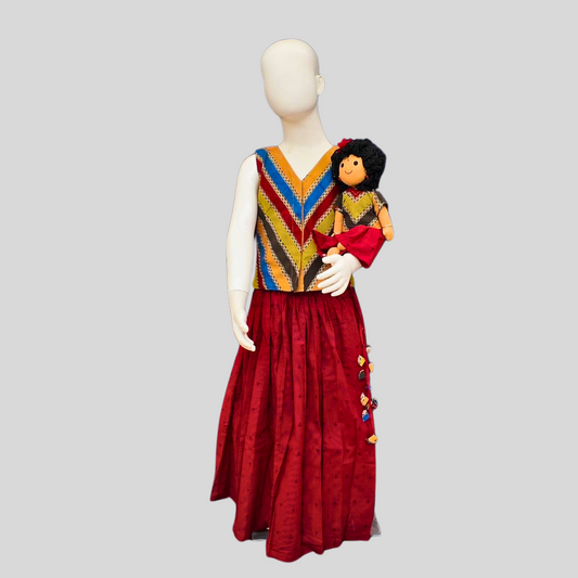 MAROON AND KALAMKARI PAAVADAI SATTAI (TOP + SKIRT + HANDMADE FABRIC DOLL)
