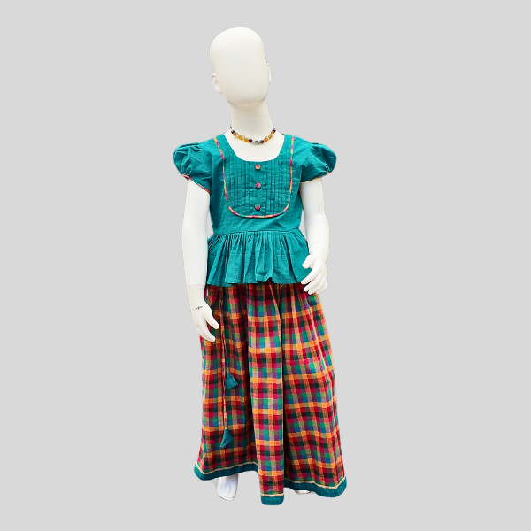 Pleated yoke Peplum Top and Skirt set (Paavadai Sattai) – Teal Blue/ Yellow top & Multi-coloured Skirt
