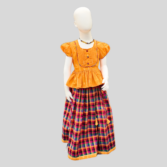 Pleated yoke Peplum Top and Skirt set (Paavadai Sattai) – Teal Blue/ Yellow top & Multi-coloured Skirt